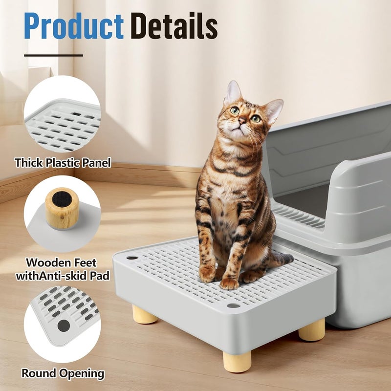 Bartuke Extra Large Cat Litter Box Step Ramp, Cat's Litter Catcher Mat with Wooden Feet, Filter Function, Pedal Stool for Self-Cleaning Cat Litter Box, Ideal for Kitten & Elderly Cats (Light Grey) - Image 4